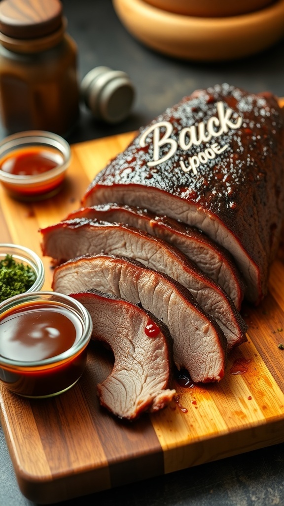 Oven-Baked 6lb Brisket Recipe Sliced tender brisket on a cutting board with barbecue sauce and herbs.